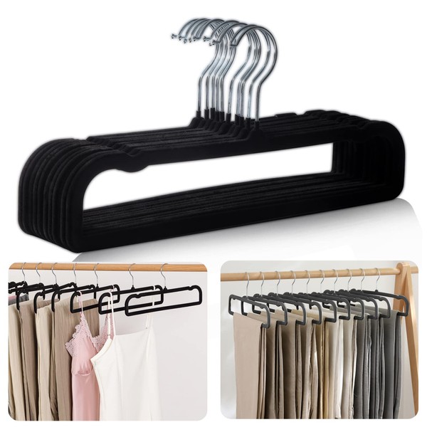 Velvet Trousers Hangers, 10 Pieces Velvet Trouser Hangers, 35 cm Hangers for Trousers, Trousers Hangers, Space-Saving Trousers with 360° Rotating for Jeans, Clothes, Scarves (Black)