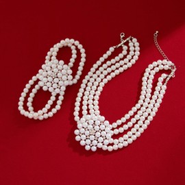 Octwine Boho Sparkling Silver Women 1920s Pearls Rhinestones Necklace Bracelet Set Bride Wedding Silver Large Necklace Bracelet Sets for Brides Bridesmaid Pearls Prom Party Necklace Accessories for Women