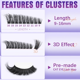 Pre-made Cat Eye Lash Extension Kit Fluffy Lash Clusters Kit 9-16mm Wispy Cluster Eyelash Extension Kit 80D+100D Individual Eyelashes with Waterproof Lash Bond and Seal, Lash Tweezers by Geeneiya