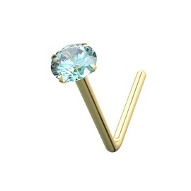 AZARIO LONDON 14K Yellow Gold Claw Set 2.5MM Aquamarine Round Crystal Stone 22 Gauge L Bend Nose Stud Piercing