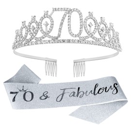 Vovii 70th Birthday Sash and Tiara - Silver Birthday Crown & Fabulous Sash for Women's 70th Decorations & Party Favors