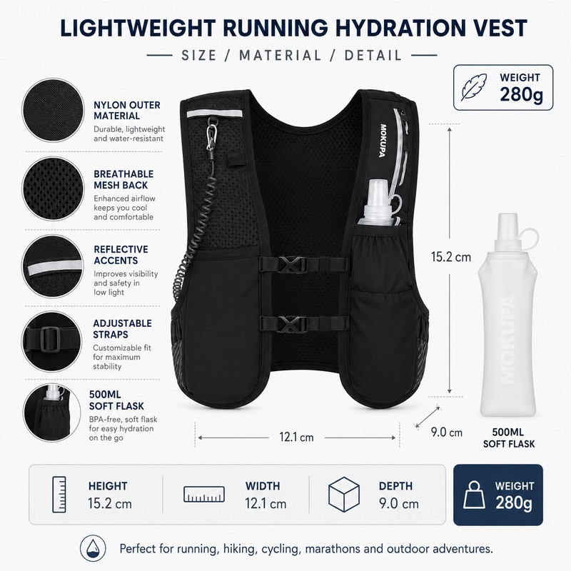 Lightweight Running Hydration Vest with 500ml Soft Flask & Phone