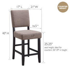 Leick Home Brax Upholstered Back Counter Height Stools Set of 2, Gray Woven Fabric, Black Wood Base, Comfortable Modern Bar Stools for Kitchen Counters and Islands, 10086-BLKGL