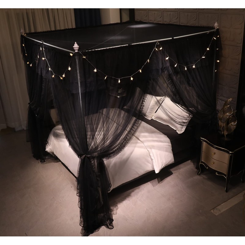 VETHIN 4 Corners Post Ruffle Princess Bed Canopy Curtain-Double Layer