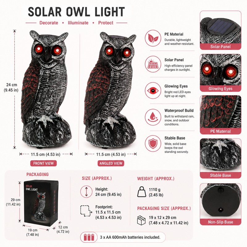 Solar Owl Bird Deterrent for Garden Protection – Waterproof Decoy