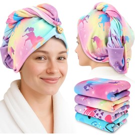 Paquete de 4 Toallas Turbante de Microfibra para el Cabello, Unicornio Colorido, Toalla de Secado rápido con botón y Lazo elástico para la Cabeza, Toalla de Microfibra para secar el Cabello