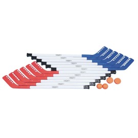 S&S Worldwide Spectrum Elementary Floor Hockey Set. Includes 12-36" Long Sticks with PVC Shafts and Straight Blades (6 Red and 6 Blue Blades), 2 Floor Hockey Balls and 2 Floor Hockey Pucks.