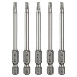 HARFINGTON 5pcs T20 Torx Head Screwdriver Bit 1/4" Hex Shank 3" (75mm) Long Magnetic No Hole Tip Tamper Proof 6 Point Star Screw Driver Drill Bits S2 Steel Industrial Power Screwdrivers