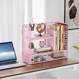 Marbrasse 3-Tier Desk Shelf Organizer with Handle, Desktop Bookshelf File Holder, Mesh Display Shelf Organizer Storage Rack for Office, Home, Supplies, Kitchen (Pink)