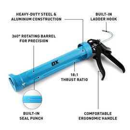 OX Pro 29 Ounce Heavy Duty Caulk Gun - 18:1 Thrust Ratio 360-Degree Rotating Barrel Caulking Gun - Steel and Aluminum Construction with Ergonomic Handle Caulking Tool OX-T046502