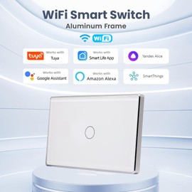 LOUYSGEN Smart Switch Aluminum Frame Need Neutral Wire No Hub Required,2.4GHz Wi-Fi Light Switch 2.5D Tempered Glass Panel Timer Schedule Work with Tuya/Smart Life,Alexa and Google Home,White 1 Gang