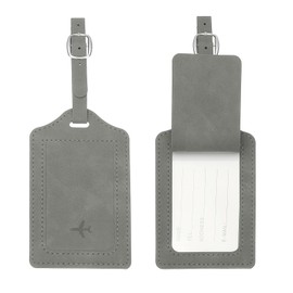 PATIKIL Suitcase Tags, Grey Leather Luggage Name Tags Travel Accessories Airplane Essentials with Private Protection for Flying Hotel Check in Luggage Bags Men Women, 2 Pcs