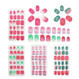 96 Pieces Kids Fake Nails with Nail Glue, Pre-glue Full Cover Short False Nails Lovely, Ready to Wear Press-On Gel Nails for Children girl (Pink,Blue,Gradient,Glitter, One Size)