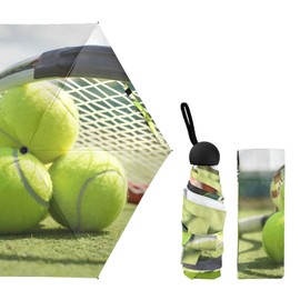 Oyihfvs Tennis Balls with Racket 5 Folding Ultra-Light Umbrella, Small Mini Anti-UV Compact Travel Umbrella, 6 Ribs Pocket Windproof Foldable Vinyl Parasol