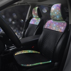 Pirador Luxury PU Leather Car Seat Cushion Pad Crystal Diamonds Handcraft Front Automotive Seat Protector Pad Universal Bling Rhinestones Vehicle Interior Accessories for Ladies Color 2 Seats
