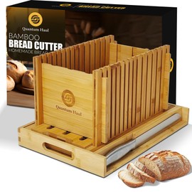 Bamboo Bread Slicer with High-Grade Stainless Steel Knife – Adjustable Wooden Bread Cutter Guide with Crumb Tray, Brush & Pouch | Manual Bread Slicer for Homemade Bread, Sourdough, Loaf, Cakes