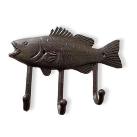 The Bridge Collection 8 1/2" Bass Fish with Hooks - Key Wall Hanger - Bass Fish Coat Hanger - Brown Key Holders - Nautical Key Holder - Gift for Fishermen and Fish Lovers - Decorative Bass Coathanger
