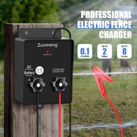 Electric Fence Energizer, Zuomeng 2-Mile 8 Acres Electric Fence Charger Powered by Battery or Power Adapter, 0.1 Joules, for Livestock, Pets, Garden & Wildlife Control