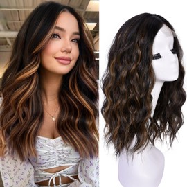 CURLCRAZY Short Wavy Wigs for Women Bob Wave Wig Natural Looking Synthetic Middle Part Lace Front Hair for Everyday Hairstyle 18Inch (Highlight Brown)