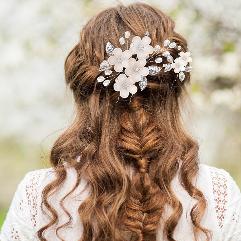 Landrain 5 Stück Silber U-Förmig Blumen Perlen Haarnadeln Braut Haarschmuck