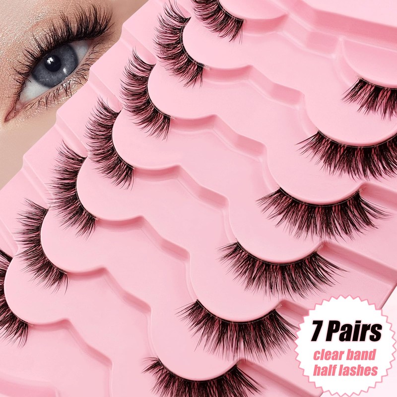 7P-CZ-A06 Clear Band Half Eyelashes, Cat Eye, 15 mm Short