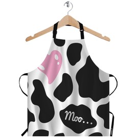 WONDERTIFY Heart Apron,Pink Heart on The Black and White Cow Skin Pattern Background Bib Apron with Adjustable Neck for Men Women,Suitable for Home Kitchen Cooking Waitress Chef Grill Bistro Apron