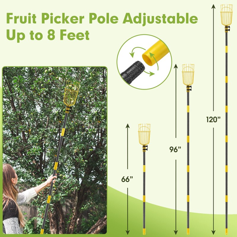 INFLATION Fruit Picker Tool,Apple Picker Pole with Basket,8 FT Adjustable