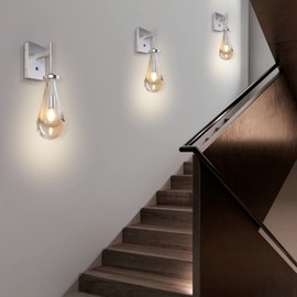 HuisMier Brushed Nickel Wall Sconce, Raindrop Wall Sconces with On Off Switch Button, Modern Clear Glass Wall Light Fixture Vanity Wall Lamp for Bathroom Bedroom Living Room Hallway