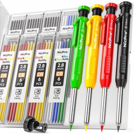 Nicpro 4 Pack Carpenter Pencil with Sharpener, Mechanical Carpenter Pencils with 52 Refills, Deep Hole Marker Construction Heavy Duty Woodworking Pencils for Architect (Red, Black, Yellow, Blue)