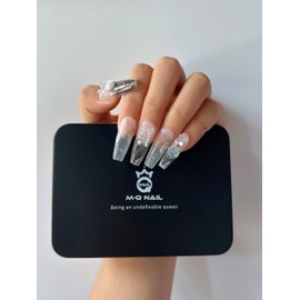 M·Q NAIL,Press on nails,Ink colored rose square long nails,Hand drawn,Includes 48 jelly glue and 2 cuticle sticks and 2 rubbing strips (Ink colored rose, S)