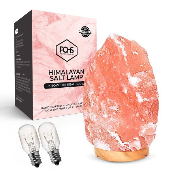 POHS 100% Authentic Natural Himalayan Pink Salt Lamp 8-10 Inches Hand Carved/Crafted Crystal Rock Salt Lamps from Himalayan Mountains; Hand Crafted Premium Wood Base, UL-Listed Dimmer Cord ; 8 lbs