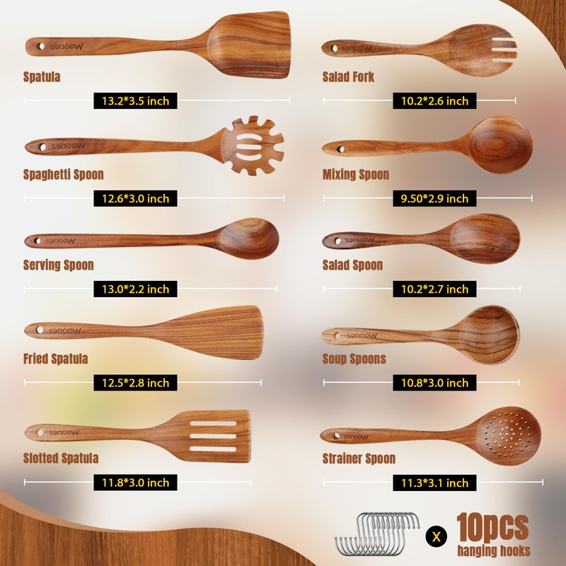Wooden Spoons for Cooking, 10PCS Teak Wood Cookware Utensil Set