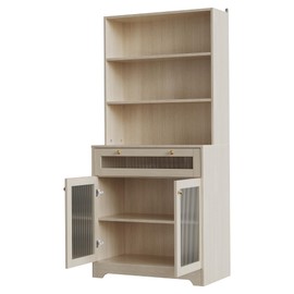 Kitchen Pantry Cabinet, 62 Inch Freestanding Hutch Cupboard with Large Countertop, Glass Doors, Drawer and Adjustable Shelves, Microwave Cabinet Storage for Dining Room Living Room Small Space, Wood