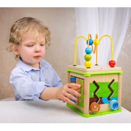 Bino Motorikwürfel 5in1, Spielzeug für Kinder ab 1 Jahr, Kinderspielzeug (fünf Spielformen, hochwertiges Holzspielzeug zur Förderung der feinmotorischen Fähigkeiten, kindgerechtes Design), Mehrfarbig