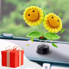 Shaking Double Head Sunflower Car Accessories Dashboard Decorations, Crochet Smiley Sun Flowers Beetle Car Decor for Women, Hand-Woven Home Office Desk Decoration Sunflower Gifts