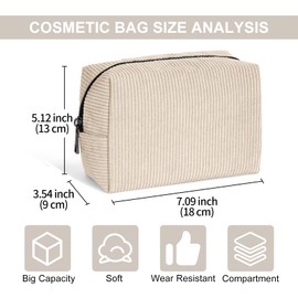 Maange Cosmetic Bags for Women Small Makeup Bag for Purse Corduroy Makeup Pouch Travel Makeup Bag with Metal Zipper Make Up Bag for Travelling(Beige)