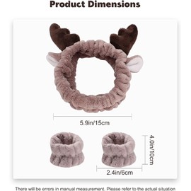3-Pack Spa Headband and Wristband Set, Soft Cute Antler Headband for Skin Care, Absorbent and Comfortable Skincare Headband for Face Washing and Makeup for Men Women and Girls (Brown, One size)