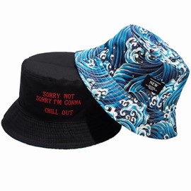 [Boscogno] バケットハット 和柄 リバーシブル サファリハット ダウンブリム つば下がり uvカット バケハ 帽子 和風 ハット 日焼け対策 (JP, 数字サイズ, 57.0 cm, 標準, 波・青)