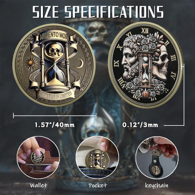 RYUKENLM Memento Mori Coin 3D Skull Challenge Coins Daily Stoic