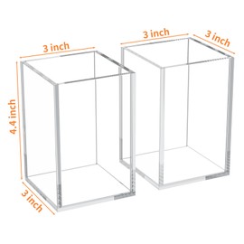 HIIMIEI Acrylic Pen Holder, 2 pcs Clear Pen Pot for Pen Marker Ruler Eraser, Makeup Brush Holder Cosmetic Organizer 3''x3''x4.4''