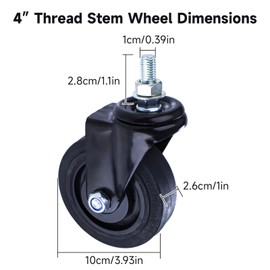 4 Inch Stem Caster Wheel Heavy Duty Threaded Quiet 360° Swivel Caster for Cart,Furniture,Office Desk Chair,Caster,Workbench,Garage Storage,Tool Cabinet Wheels Replacement