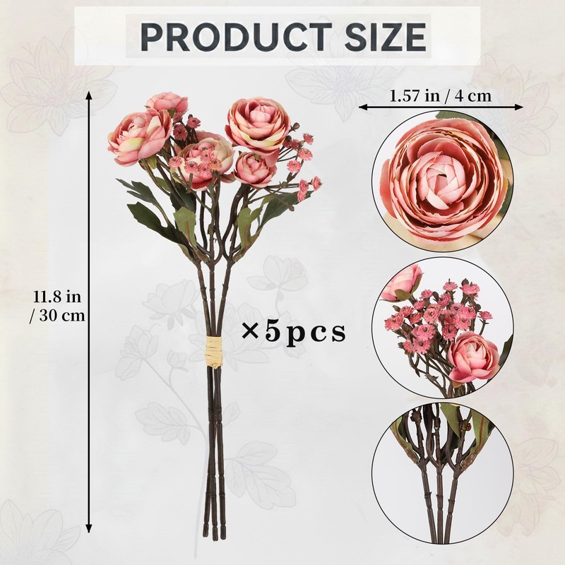 UUXX Pink Ranunculus Artificial Flowers 5 Bouquets Fake Silk Mini