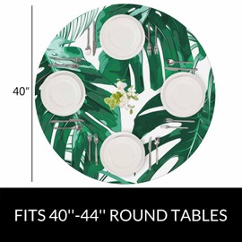 YINRON Palm Leaves Round Table Cloth Tropical Jungle Leaves Floral Elastic Edged Table Cover Fade And Stain Resistant Table Cloths Easy To Clean Fits Tables 40-44" Diameter