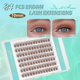 Obeyalash Eyelash Clusters, Brown D Curl, 10 mm, 84 Pieces, Individual Brown Eyelash Extensions, Natural Eyelash Extensions, Lashes, Clusters, DIY at Home (SNR013-Brown-10 mm)