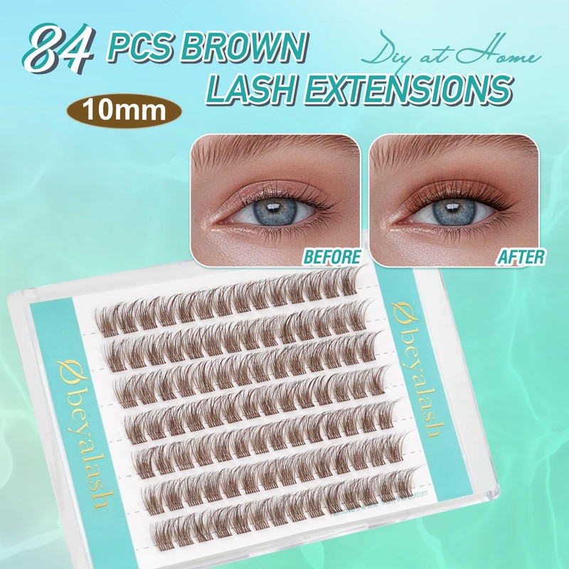 Obeyalash Eyelash Clusters, Brown D Curl, 10 mm, 84 Pieces,