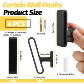 Sekonow 4 Pack Curtain Tiebacks Hooks, Wall Mounted Curtain Holdbacks with Screws, Decorative Drapery Alloy Hanger Holder, Black