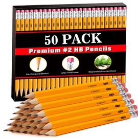 V-Opitos Wood-Cased #2 HB Pencils, 50 Pack Bulk Pre-Sharpened Yellow Pencils with Top Erasers, School Classroom Teacher Supplies, Writing, Drawing and Sketching