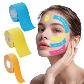 Face Lifting Tape 2.5 cm x 500 cm Multifunctional Anti Wrinkle Face Tape - Wrinkle Patches - High Elastic Kinesiology Facial Forehead Eyes Lips Wrinkle Patches - 3 Rolls - Blue, Yellow, Orange