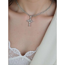 Yunison Rhinestone Cross Pendant Necklace Y2k Dainty Jewelry Crystal Cute Choker Gothic Necklace for Women, One Size, Stainless Steel, Rhinestone