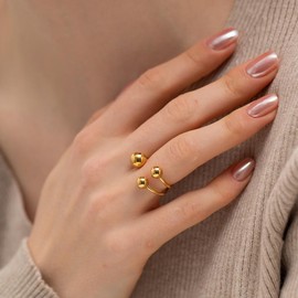 OIDIMS Round Ball Wrap Statement Ring for Women Men Stainless Steel Gold Plated Layered 3 Fashion Balls Open Finger Rings Comfort Fit Geometric Unique Style Party Jewelry Gift